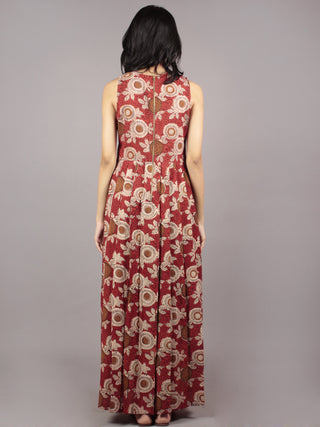 Red Beige Brown Black Long Sleeveless Hand Block Mughal Printed Cotton Dress With Knife Pleats & Side Pockets - D32F581