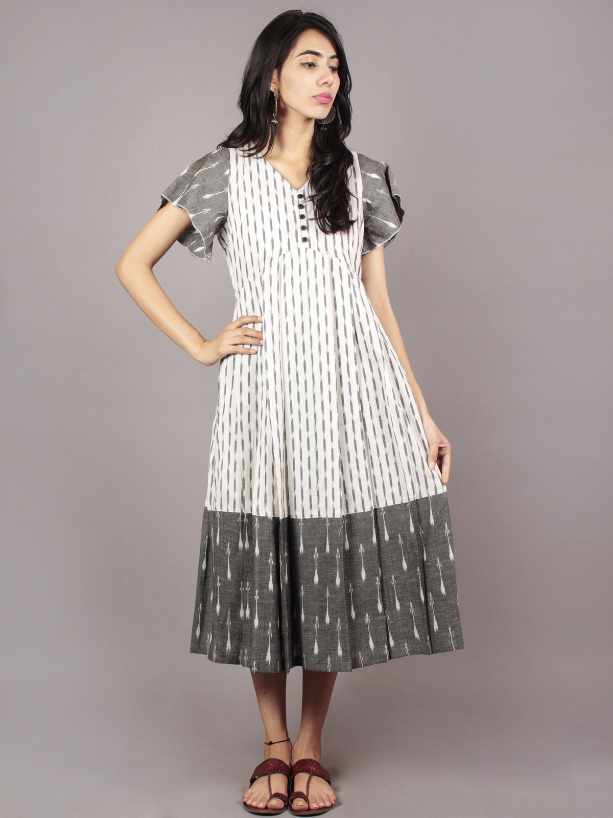 Ivory Grey Handwoven Ikat Pleated Dress With Flared Sleeves & Side Pockets  - D64F751