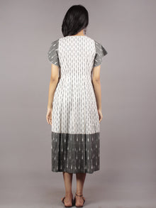 Ivory Grey Handwoven Ikat Pleated Dress With Flared Sleeves & Side Pockets  - D64F751