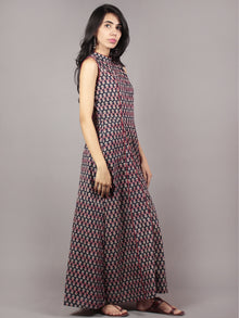 Black Red Ivory Hand Block Printed Princess Line Stand Collar Dress - D40F893