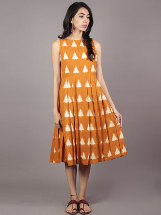 Mustard Ivory Handwoven Ikat Pleated Sleeveless Side Pockets Dress  - D65F758