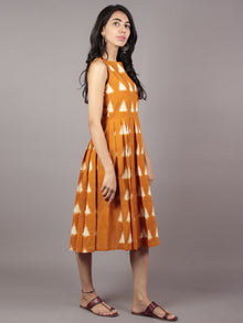 Mustard Ivory Handwoven Ikat Pleated Sleeveless Side Pockets Dress  - D65F758