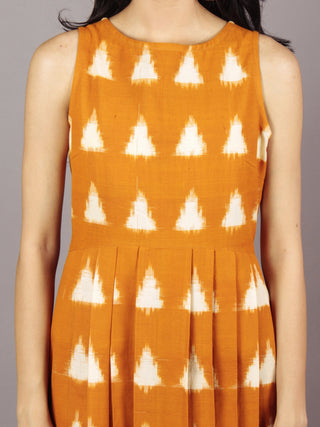 Mustard Ivory Handwoven Ikat Pleated Sleeveless Side Pockets Dress  - D65F758