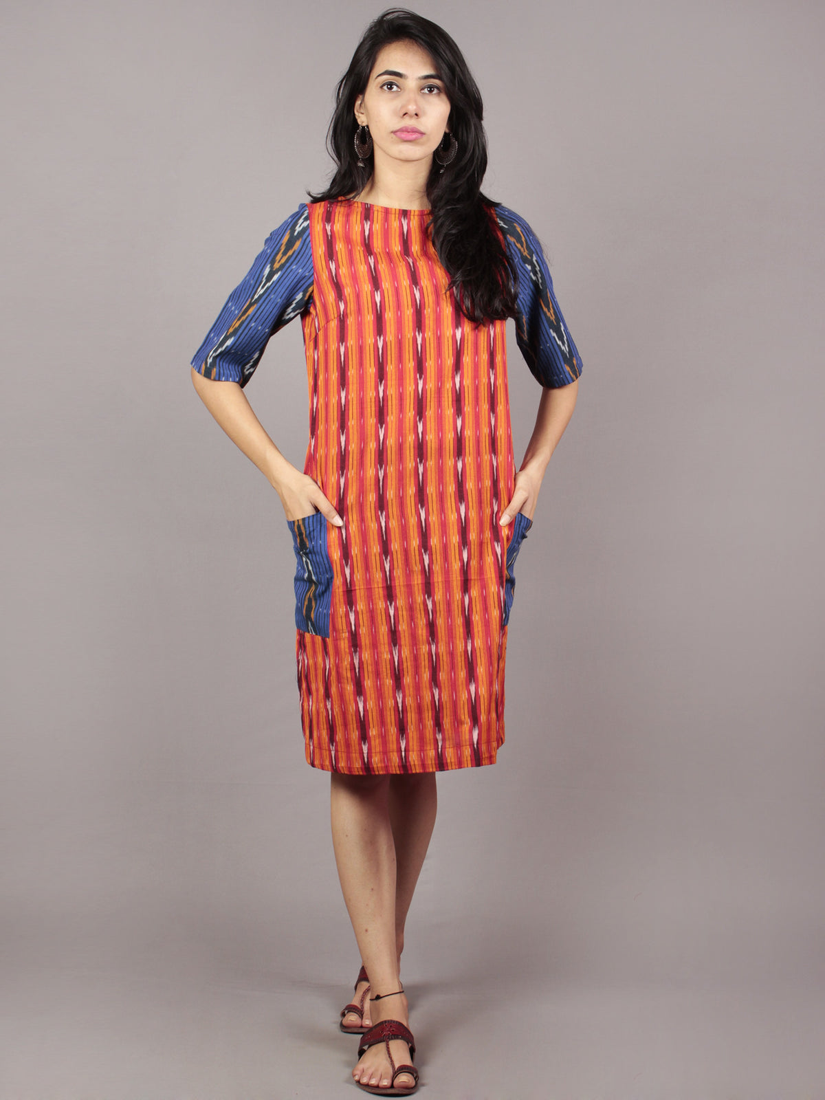 Red Orange Blue Ivory Black Handwoven Ikat Cotton Dress With Side Pockets & Black Slit - D66F719