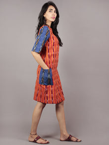 Red Orange Blue Ivory Black Handwoven Ikat Cotton Dress With Side Pockets & Black Slit - D66F719