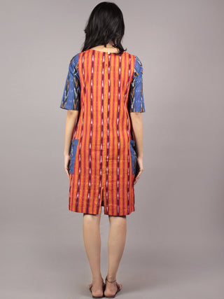 Red Orange Blue Ivory Black Handwoven Ikat Cotton Dress With Side Pockets & Black Slit - D66F719