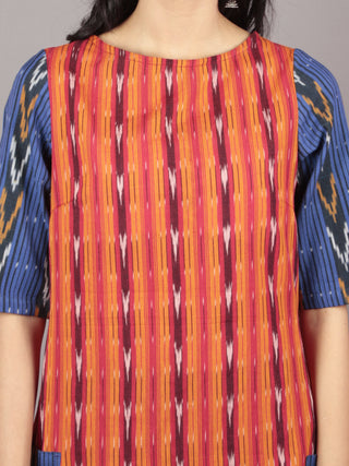Red Orange Blue Ivory Black Handwoven Ikat Cotton Dress With Side Pockets & Black Slit - D66F719