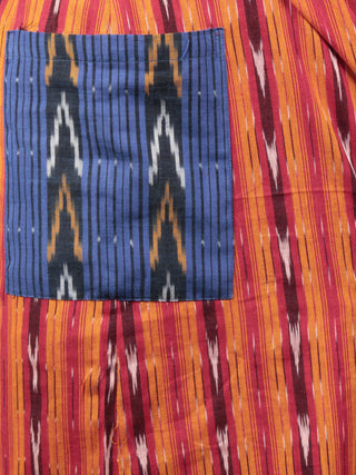Red Orange Blue Ivory Black Handwoven Ikat Cotton Dress With Side Pockets & Black Slit - D66F719