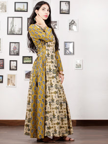 Mustard Beige Indigo Hand Block Printed Cotton Dress With Tie Up Detail At Waist -  D176F1060