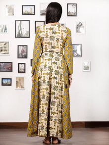 Mustard Beige Indigo Hand Block Printed Cotton Dress With Tie Up Detail At Waist -  D176F1060
