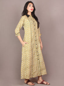 Mustard Yellow Black Beige Hand Block Printed Cotton Shirt Dress - D2446901