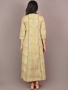 Mustard Yellow Black Beige Hand Block Printed Cotton Shirt Dress - D2446901