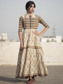 Naaz Beige Mustard Black Hand Block Printed Long Cotton Tier Dress with Gathers - DS10F001