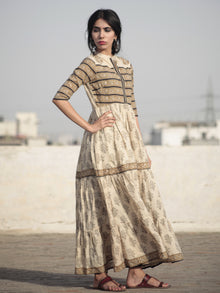 Naaz Beige Mustard Black Hand Block Printed Long Cotton Tier Dress with Gathers - DS10F001