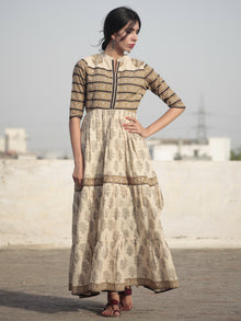 Naaz Beige Mustard Black Hand Block Printed Long Cotton Tier Dress with Gathers - DS10F001