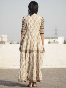 Naaz Beige Mustard Black Hand Block Printed Long Cotton Tier Dress with Gathers - DS10F001