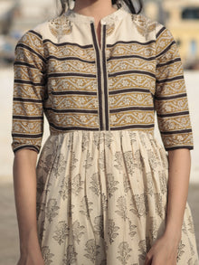 Naaz Beige Mustard Black Hand Block Printed Long Cotton Tier Dress with Gathers - DS10F001