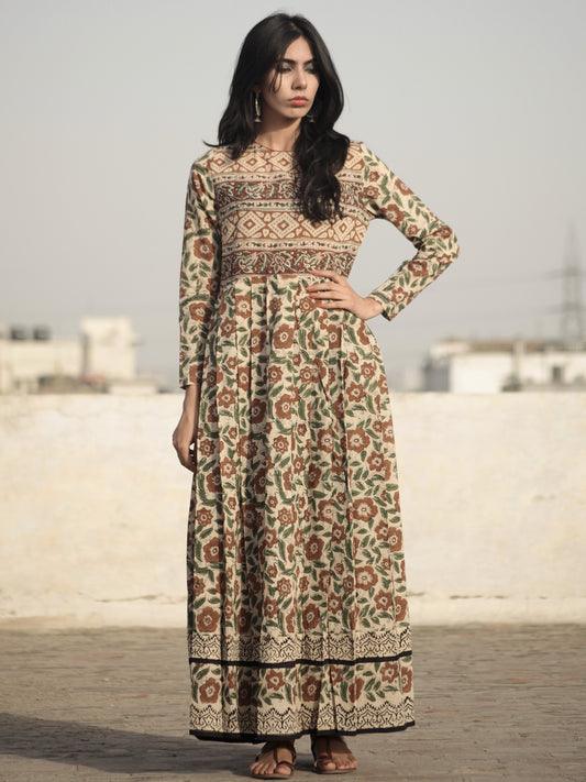 Naaz Beige Green Brown Black Hand Block Printed Long Cotton Dress with Knife Pleats and Side Pockets - DS13F001