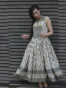Naaz Beige Blue Mustard Black Hand Block Printed Sleeveless Cotton Dress With Gather & Lining - DS09F001