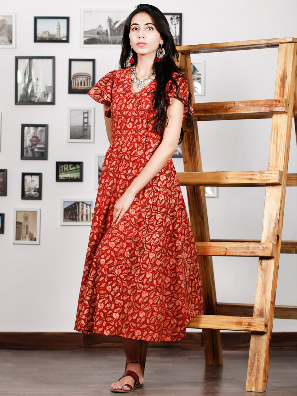 Red Beige Rust Hand Block Printed Cotton Angrakha Dress With Ruffle Sl InduBindu