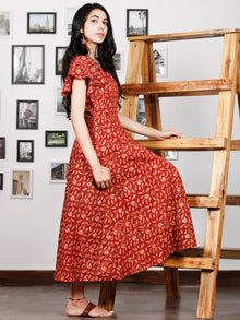 Red Beige Rust Hand Block Printed Cotton Angrakha Dress With Ruffle Sleeves - D273F1322