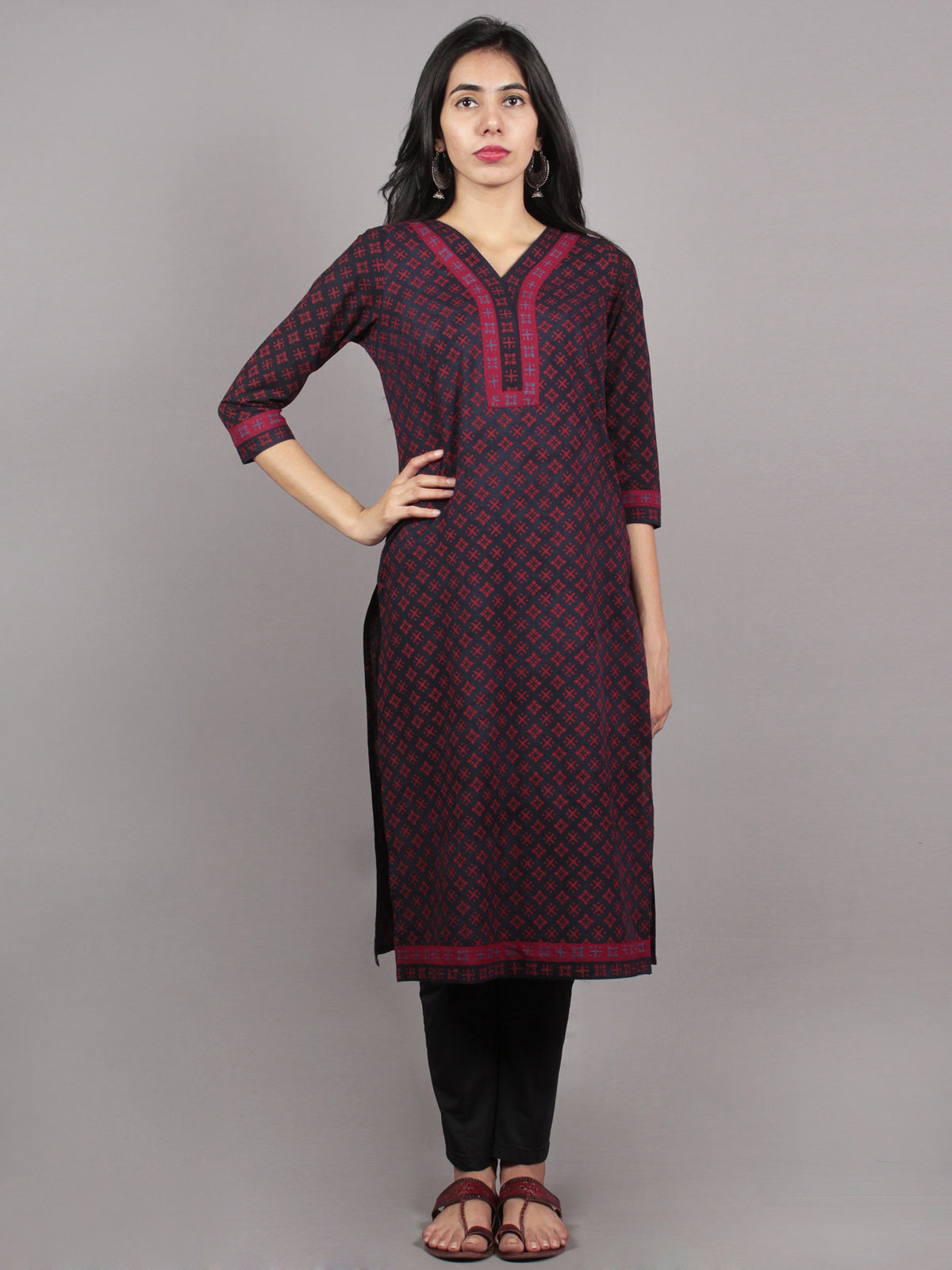 Deep Indigo Maroon Block Printed Kurta With Side Slits  - K1269901