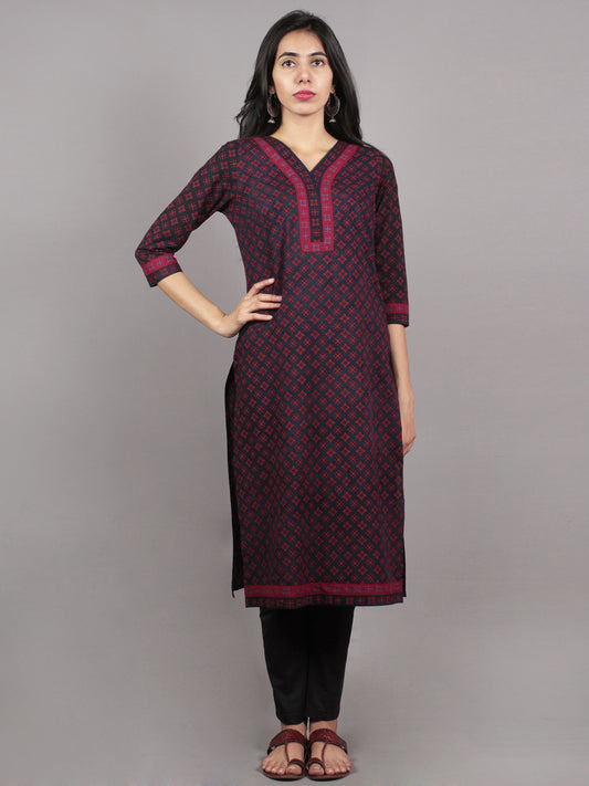 Deep Indigo Maroon Block Printed Kurta With Side Slits  - K1269901