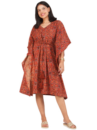 Brick Red Black Blue Ajrakh Hand Block Printed Kaftan - K153F1582