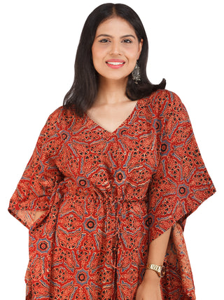 Brick Red Black Blue Ajrakh Hand Block Printed Kaftan - K153F1582
