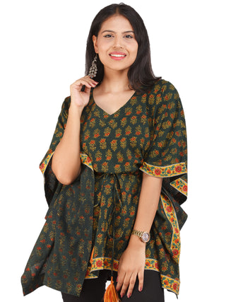 Green Yellow Red Ajrakh Hand Block Printed Kaftan - K157F1653