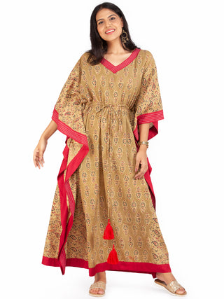 Olive Green Red Black Ajrakh Hand Block Printed Kaftan - K1471F1609