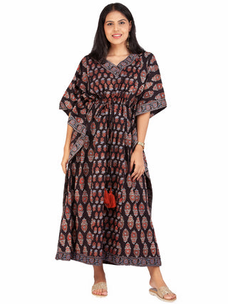 Black Marron Blue Ajrakh Hand Block Printed Kaftan - K149F1607