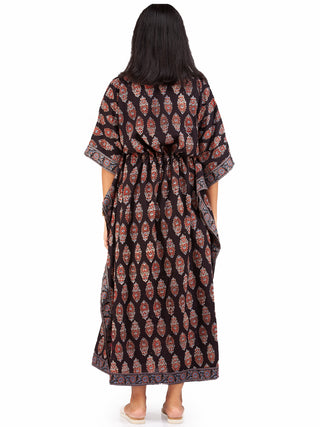 Black Marron Blue Ajrakh Hand Block Printed Kaftan - K149F1607