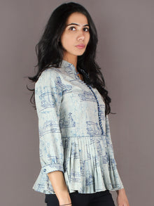 Indigo Light Blue Hand Block Printed Cotton Pleated Top - T11640021