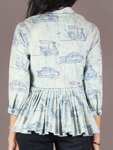 Indigo Light Blue Hand Block Printed Cotton Pleated Top - T11640021
