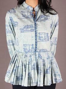 Indigo Light Blue Hand Block Printed Cotton Pleated Top - T11640021