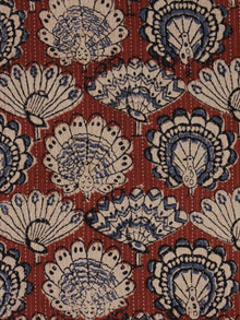 Maroon Beige Black Kantha Embroidered Hand Block Peacock Printed Cotton Fabric - F001F565