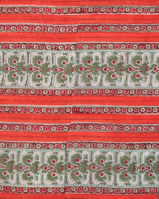 Orange Red Green White Block Printed Cotton Fabric Per Meter - F001F2402