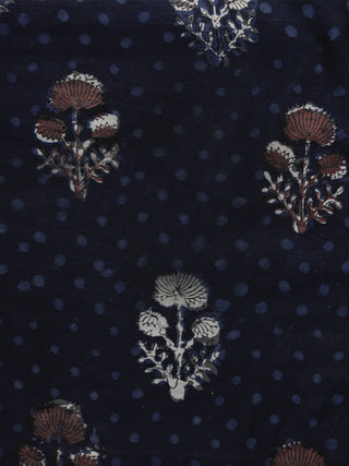 Indigo Brown Ivory Black Hand Block Printed Chanderi Silk Fabric Per Meter - F001F1141
