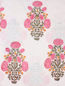 White Pink Green Hand Block Printed Cotton Fabric Per Meter - F001F2265