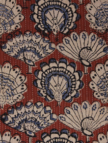 Maroon Beige Black Kantha Embroidered Hand Block Peacock Printed Cotton Fabric - F001F565