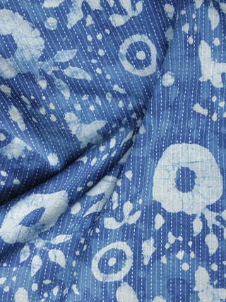 Indigo Ivory Kantha Embroidered Hand Block Printed Cotton Fabric - F004K1118