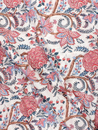 White Pink Teal Blue Hand Block Printed Cotton Fabric Per Meter - F001F2331
