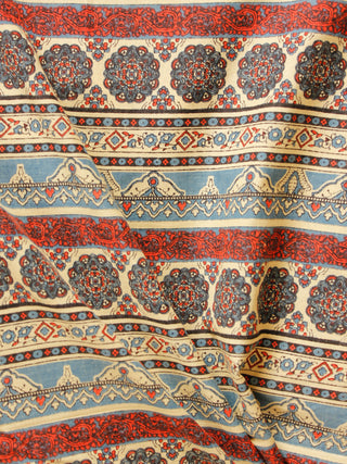 Indigo Ivory Red  Hand Block Printed Cotton Fabric Per Meter - F001F1880