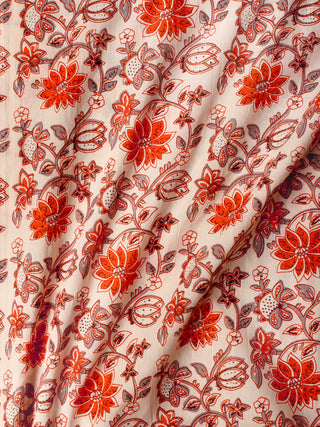 Ivory Orange Grey Hand Block Printed Cotton Fabric Per Meter - F001F1990