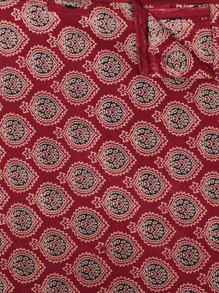 Maroon Black Beige Ajrakh Block Printed Cotton Fabric Per Meter - F003F862
