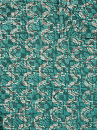 Teal Blue Green Ivory Beige Hand Block Printed Cotton Fabric Per Meter - F001F768