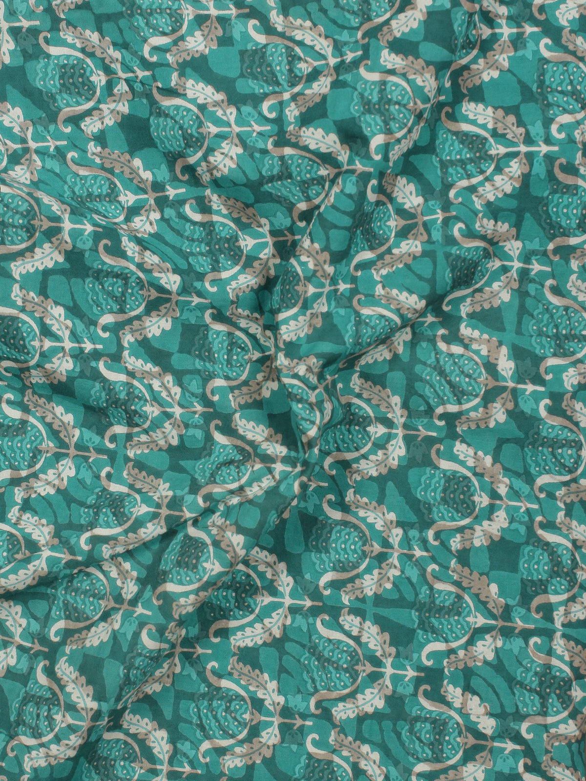 Teal Blue Green Ivory Beige Hand Block Printed Cotton Fabric Per Meter - F001F768