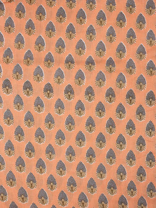 Peach Grey Brown Hand Block Printed Cotton Fabric Per Meter - F001F2290