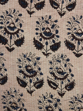 Beige Indigo Brown Kantha Embroidered Hand Block Printed Cotton Fabric - F004K1127